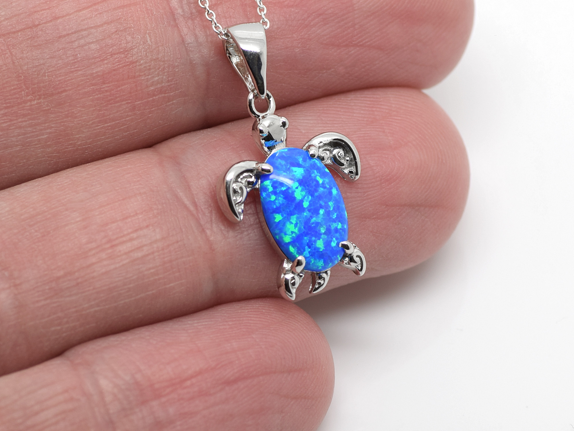 Sköldpadda med Blå Syntetisk Opal Halsband i Äkta 925 Silver, Havssköldpadda Ädelsten Smycke - 3