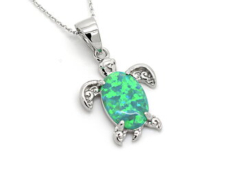 Sköldpadda med Grön Syntetisk Opal Halsband i Äkta 925 Silver, Havssköldpadda Ädelsten Smycke