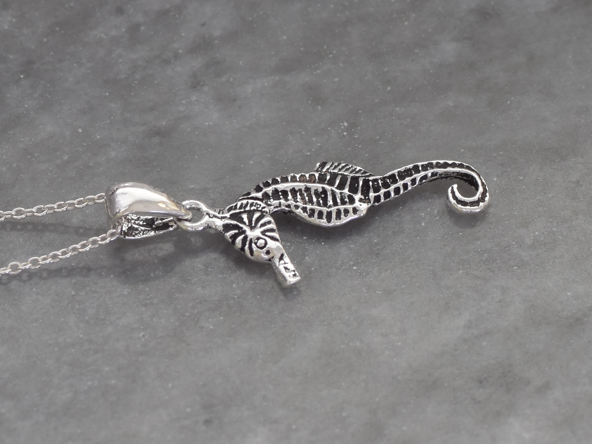 Detaljerad Sjöhäst Halsband i Äkta 925 Silver, Havsdjur Hänge, Hav Accessoar, Djur Smycke - 2
