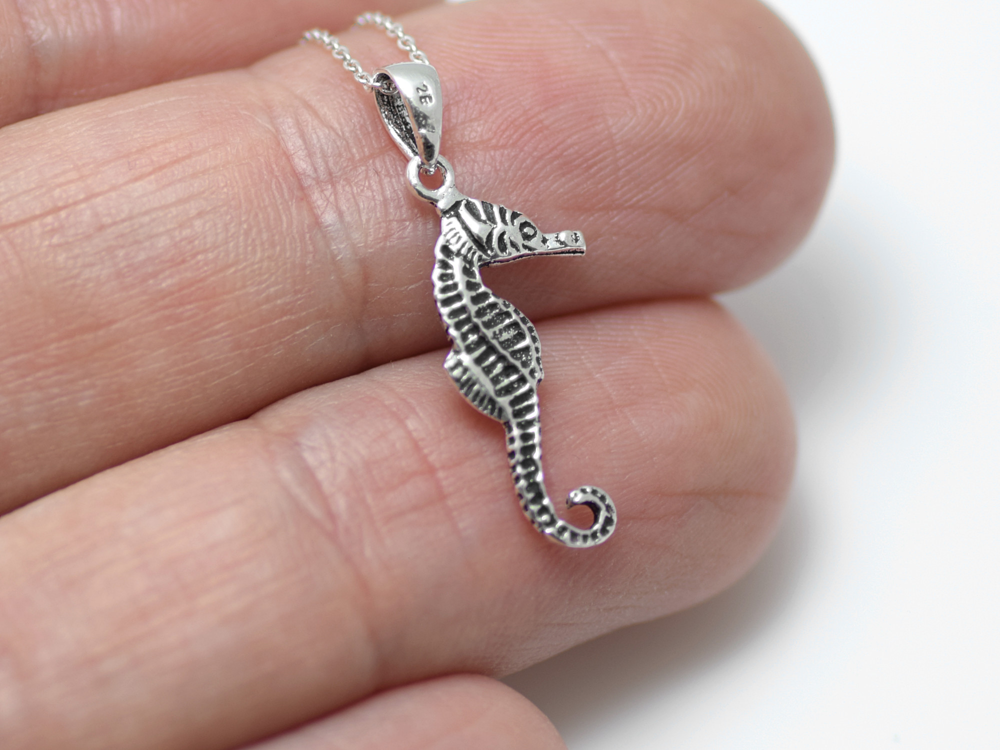 Detaljerad Sjöhäst Halsband i Äkta 925 Silver, Havsdjur Hänge, Hav Accessoar, Djur Smycke - 3