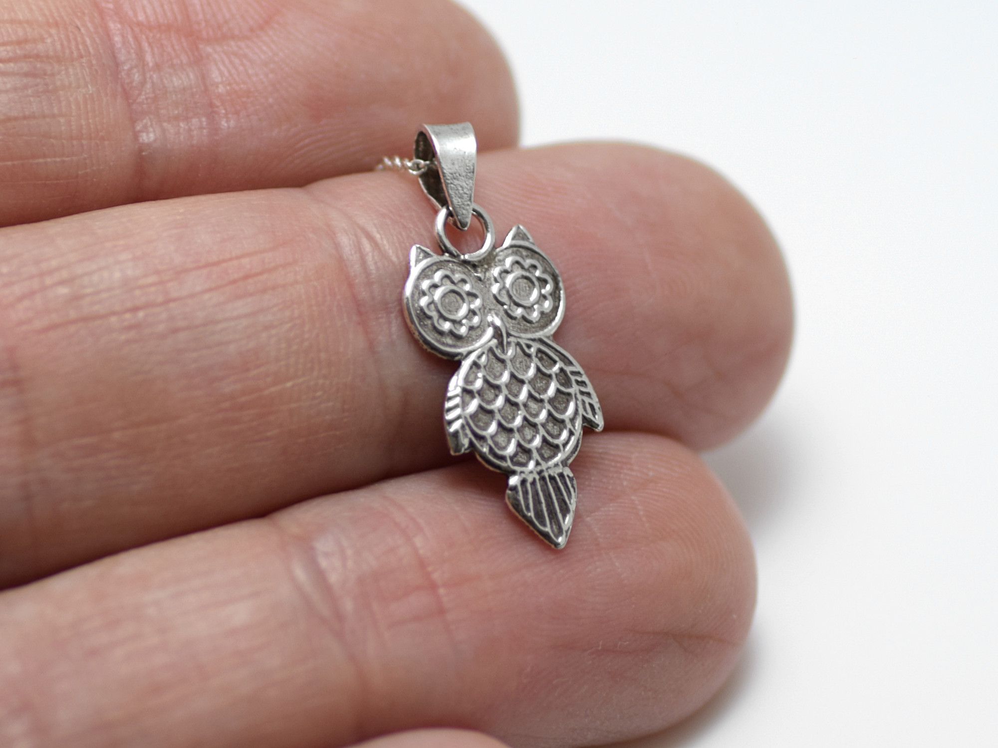 Antiksilver Finish Uggla Halsband i Äkta 925 Silver, Kunskap Hänge, Fågel Smycke - 3