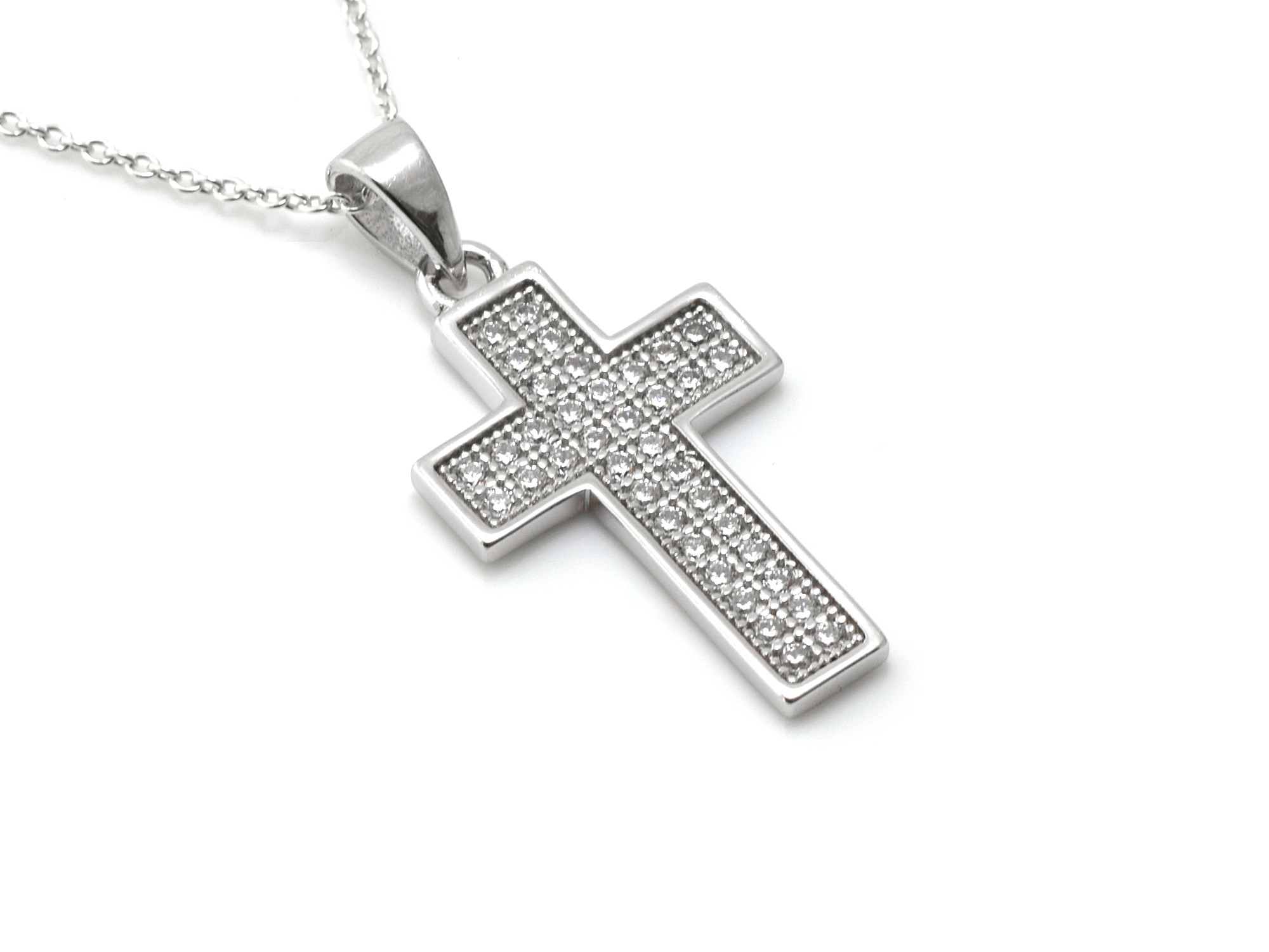 Kors med 38 små Curbic Zirconia Halsband i Äkta 925 Silver med CZ, Konfirmation och Dopsmycke