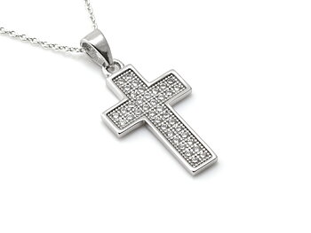 Kors med 38 små Curbic Zirconia Halsband i Äkta 925 Silver med CZ, Konfirmation och Dopsmycke