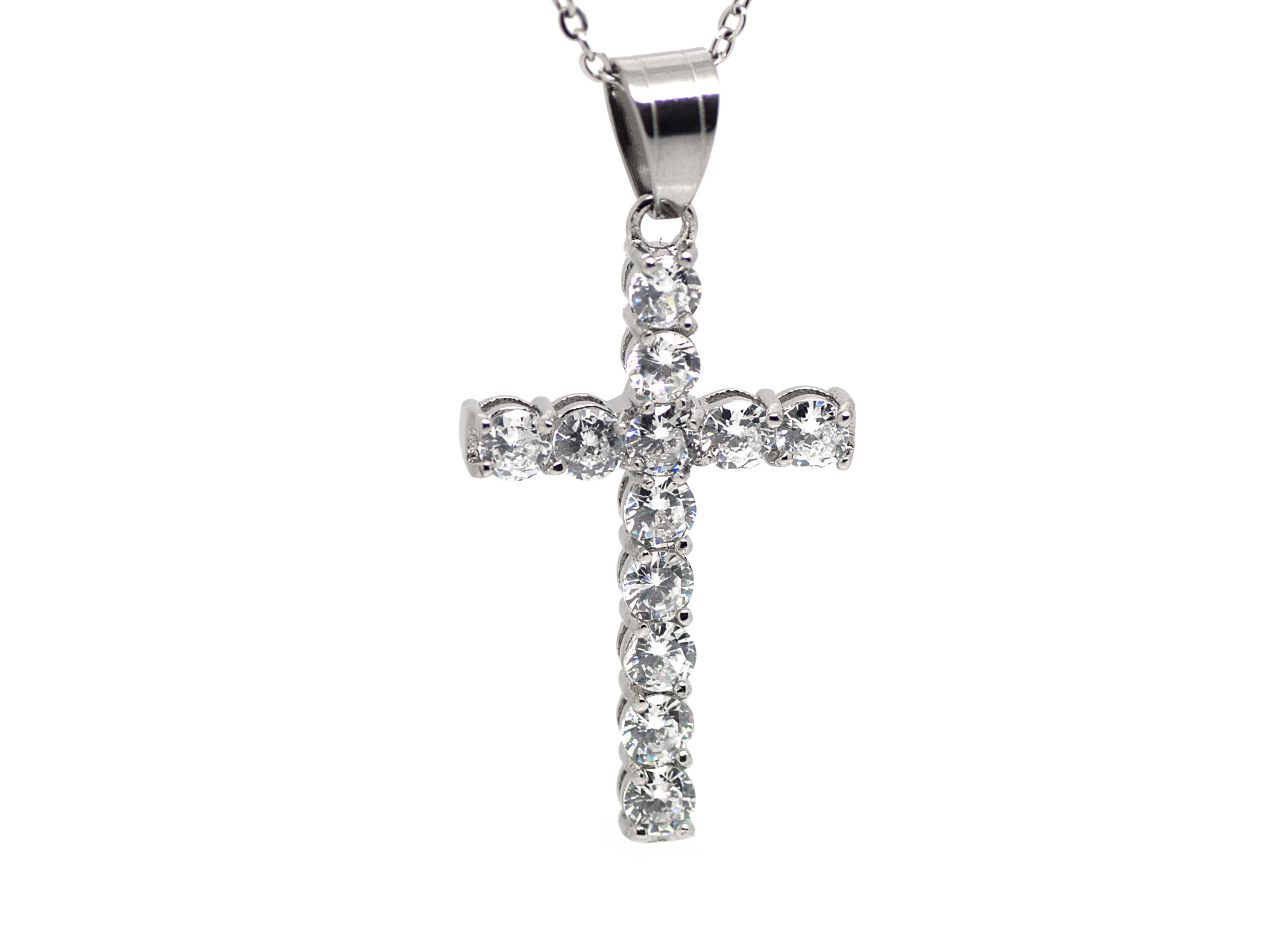 Stort Kors Halsband med 12 Cubic Zirconia, Korssmycke i Rostfritt Stål