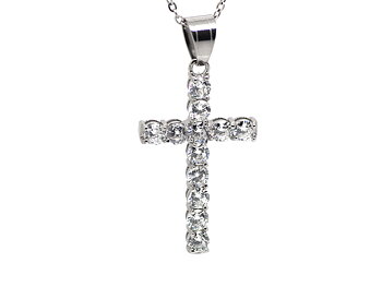 Stort Kors Halsband med 12 Cubic Zirconia, Korssmycke i Rostfritt Stål