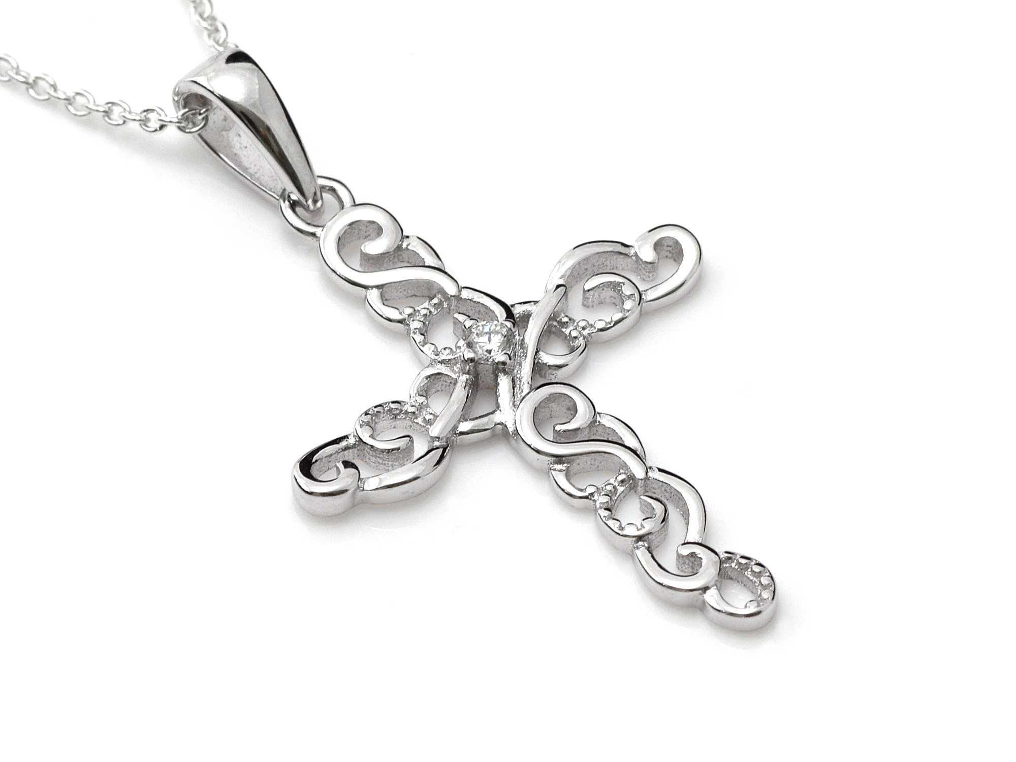 Filigran Kors Halsband med Cubic Zirconia i Äkta 925 Silver, Konfirmation och Dopsmycke med CZ