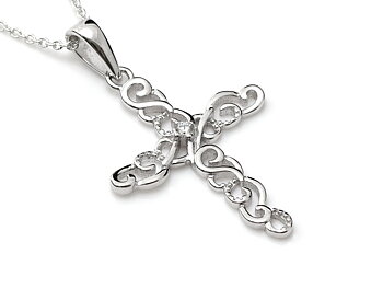 Filigran Kors Halsband med Cubic Zirconia i Äkta 925 Silver, Konfirmation och Dopsmycke med CZ