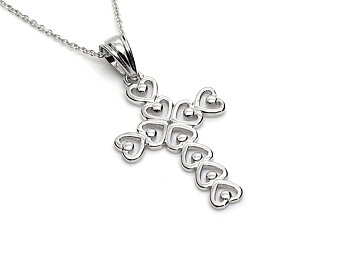 Kors med Hjärtan Halsband i Äkta 925 Silver, Kristendom Hänge, Dop och Konfirmation Smycke