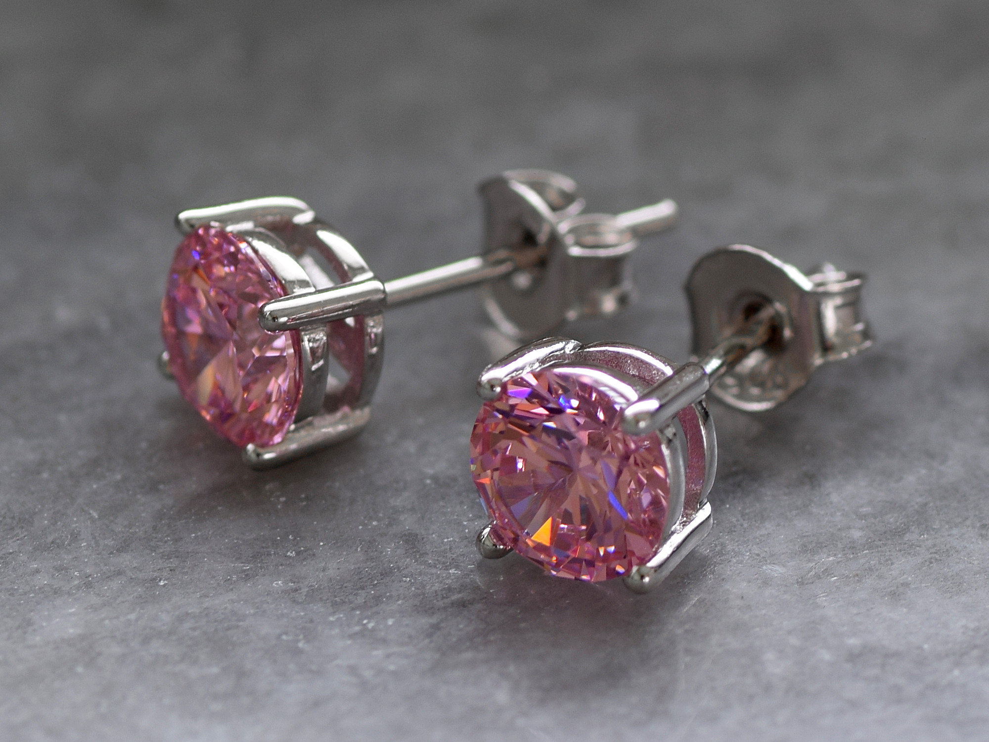 Runda Rosa Cubic Zirconia Örhängen 6 mm i Äkta 925 Silver, Gnistrande Sten Smycke - 2