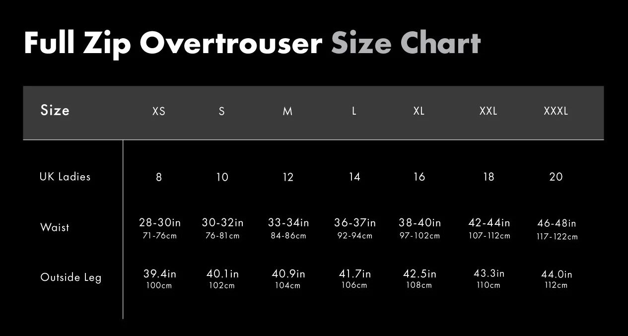 Storlekstabell Full Zip Overtrousers