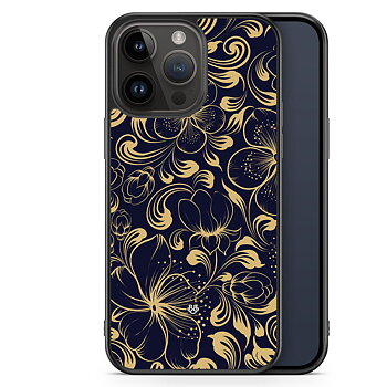 iPhone 14 Pro Max Skal - Guld/Mörkblå Blommor