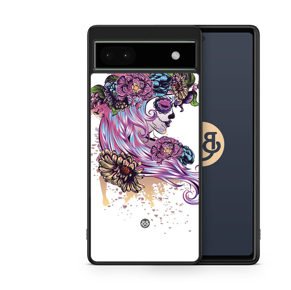 Google Pixel 6a Case - Skull Girl Flowers
