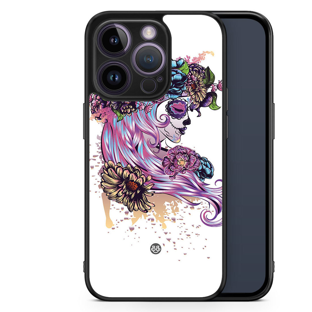 iPhone 14 Pro Case - Skull Girl Flowers