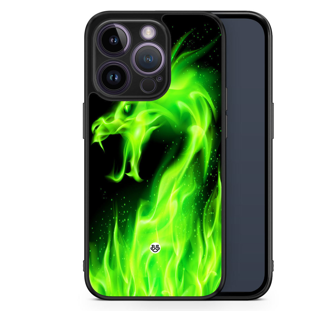 iPhone 14 Pro Case - Green Flames Dragon