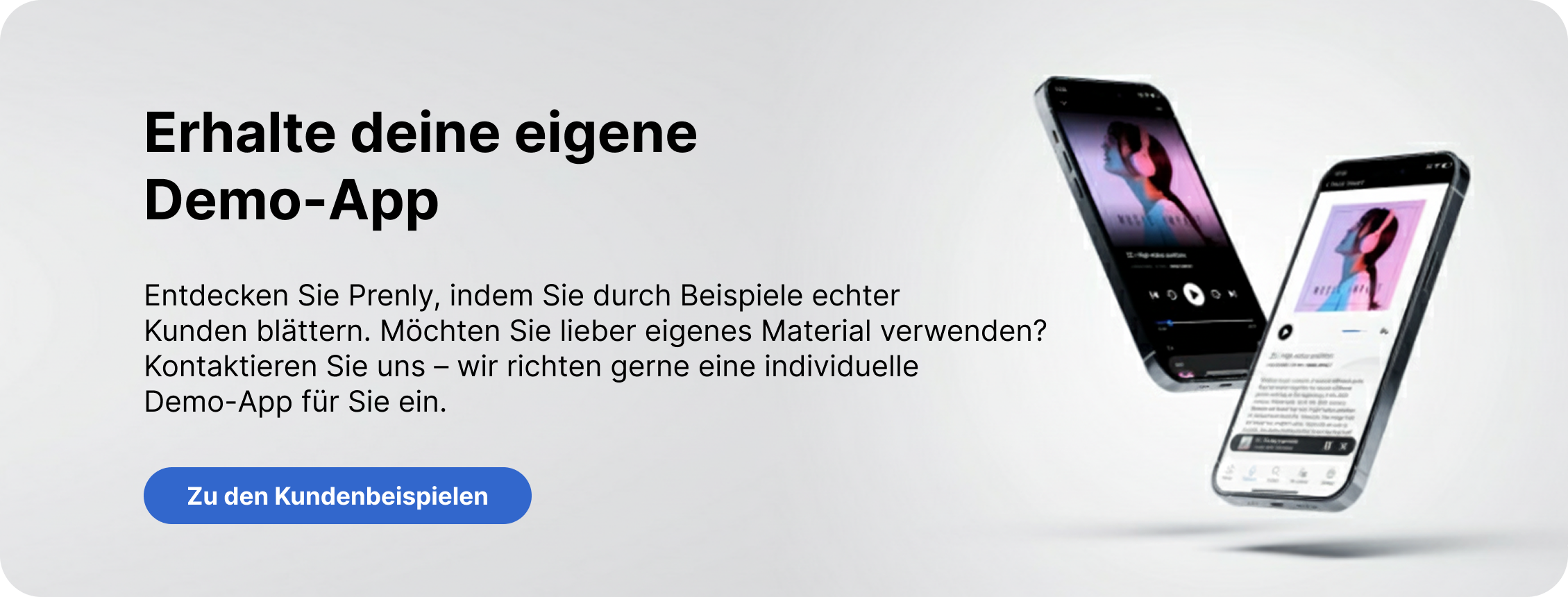 Zwei Smartphones, die eine Prenly-Demo-App mit digitalen Inhalten anzeigen