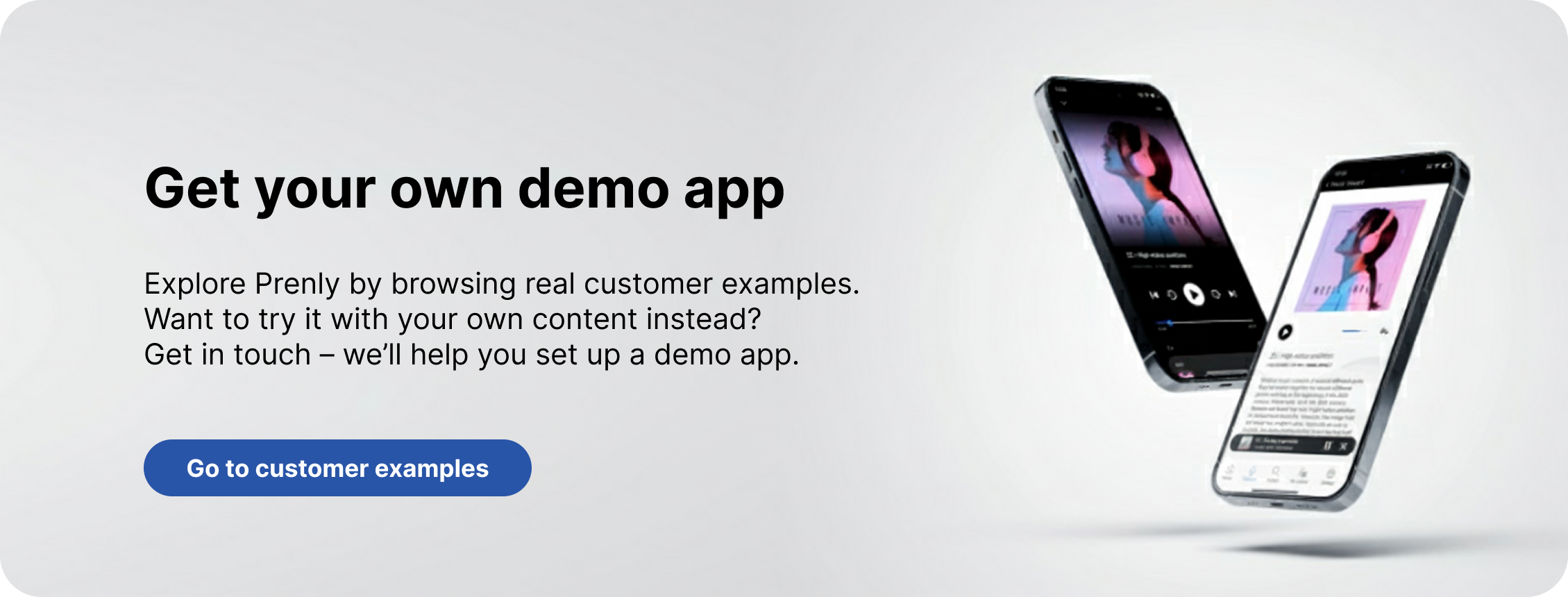 Two smartphones displaying a Prenly demo app with digital content