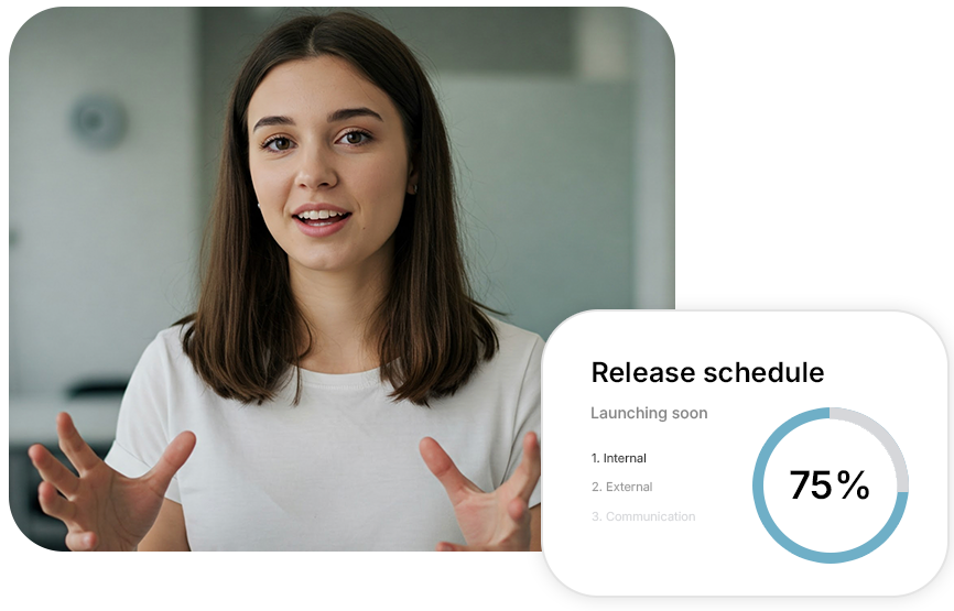 Kvinna som talar i en onboarding-video med en grafisk illustration av en releaseplan som visar 75 procent färdigställd.