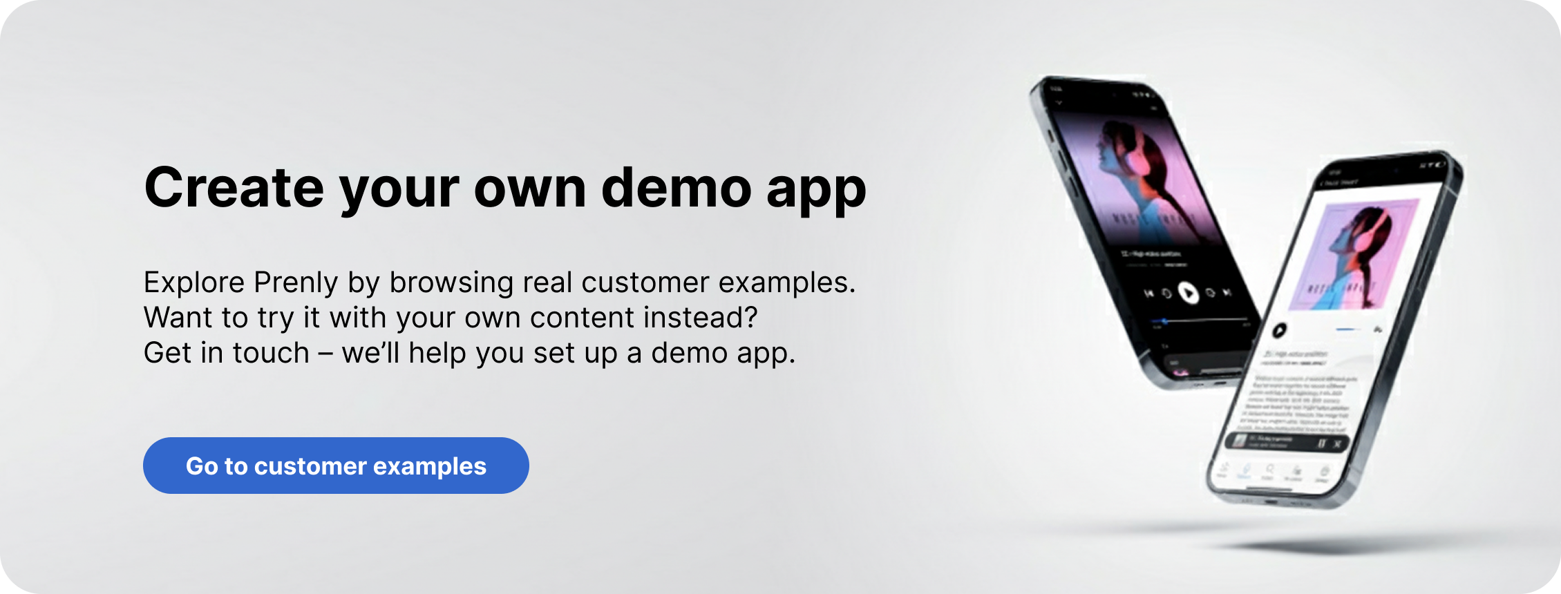 Two smartphones displaying a Prenly demo app with digital content