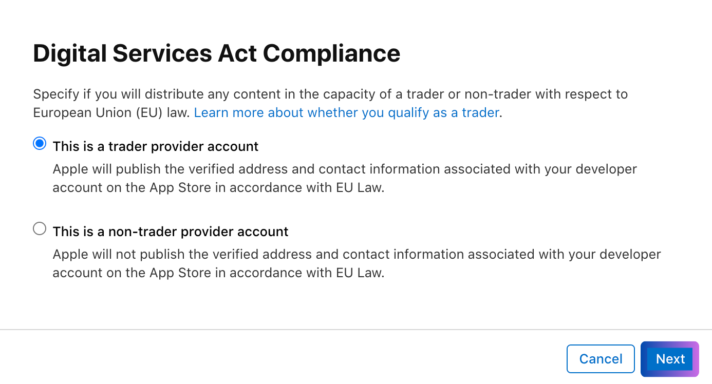 Välj alternativet "This is a trader provider account".