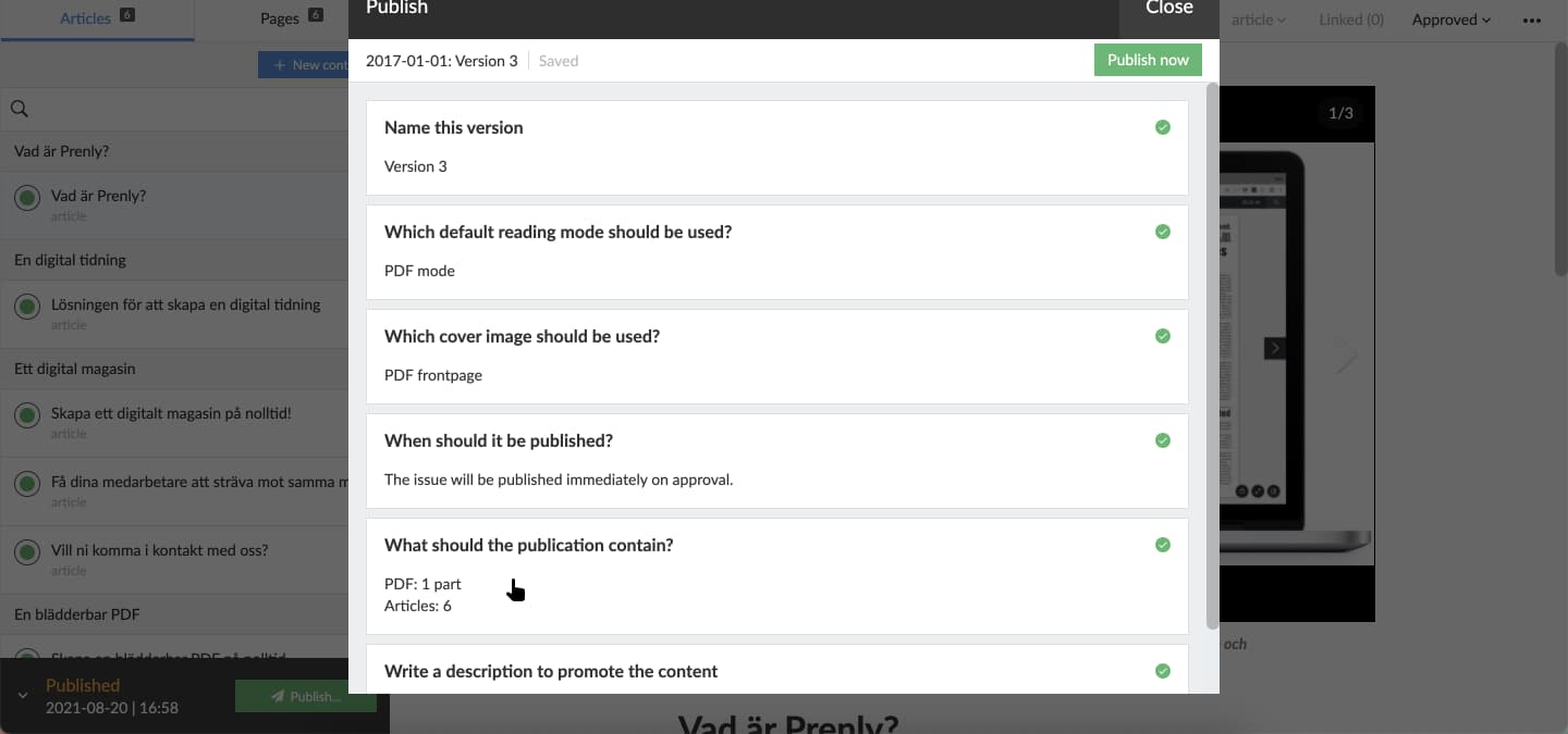 Select "What should the publication contain?" to select which articles to keep in the new publication version.