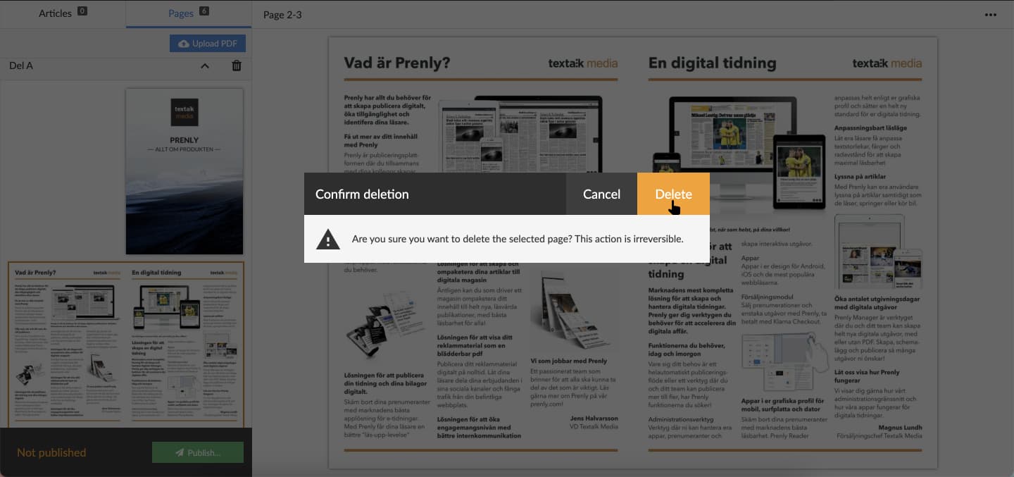 Confirm the deletion of the page by selecting "Delete".