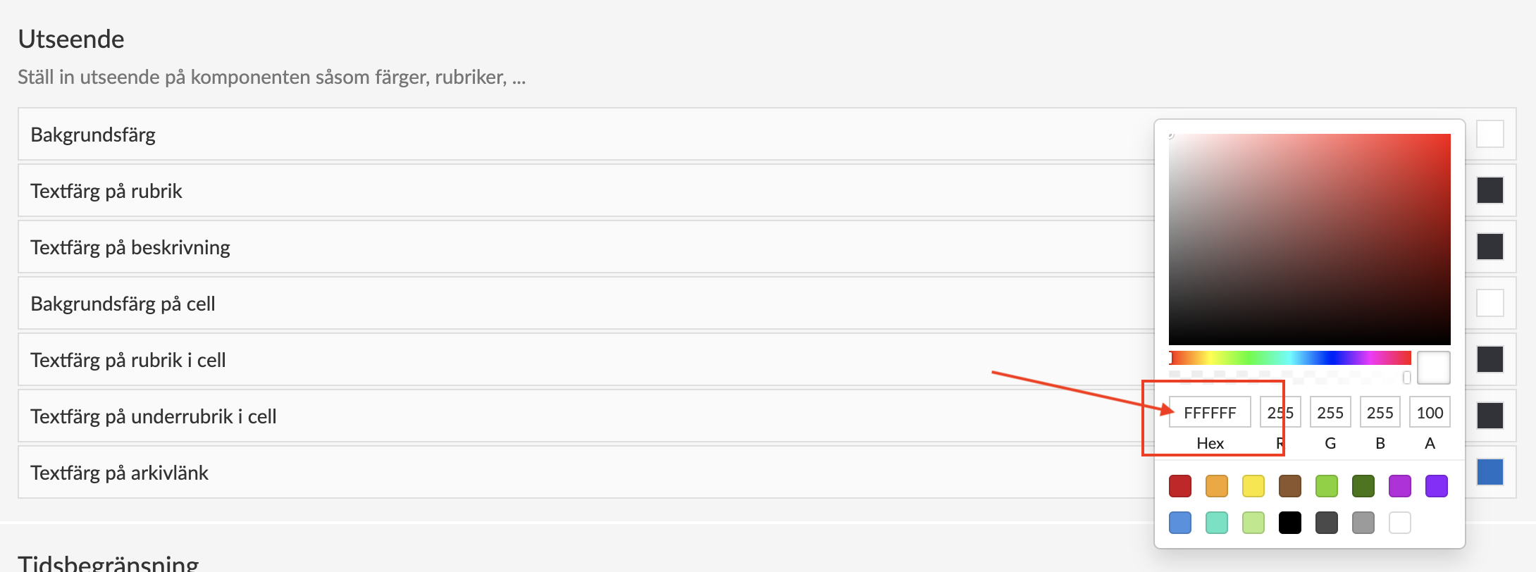 Skärmdump från Prenly Workspace som visar exempel på var Hex-koden syns.