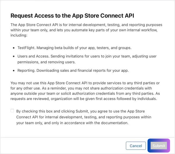 Read through the request, check the confirmation box and then select <strong>"Submit"</strong>
