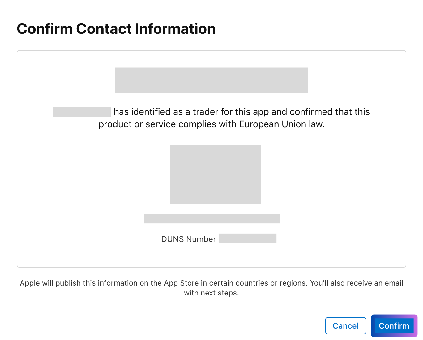 Verifiera informationen och välj "Confirm" för att slutföra.