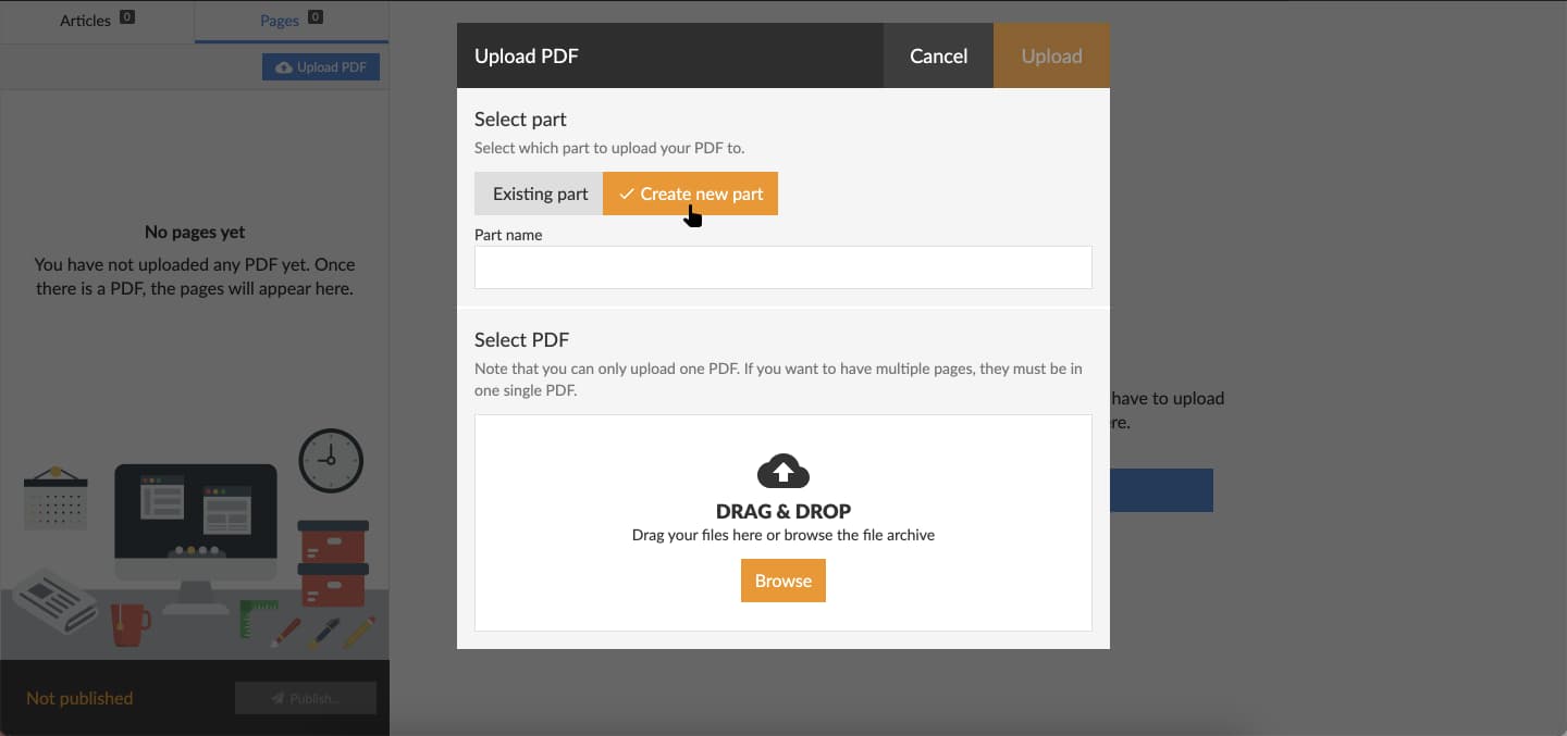 Select "Create new part" to upload the PDF to a new part.
