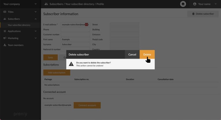 Confirm the subscription account deletion to delete the subscriber.