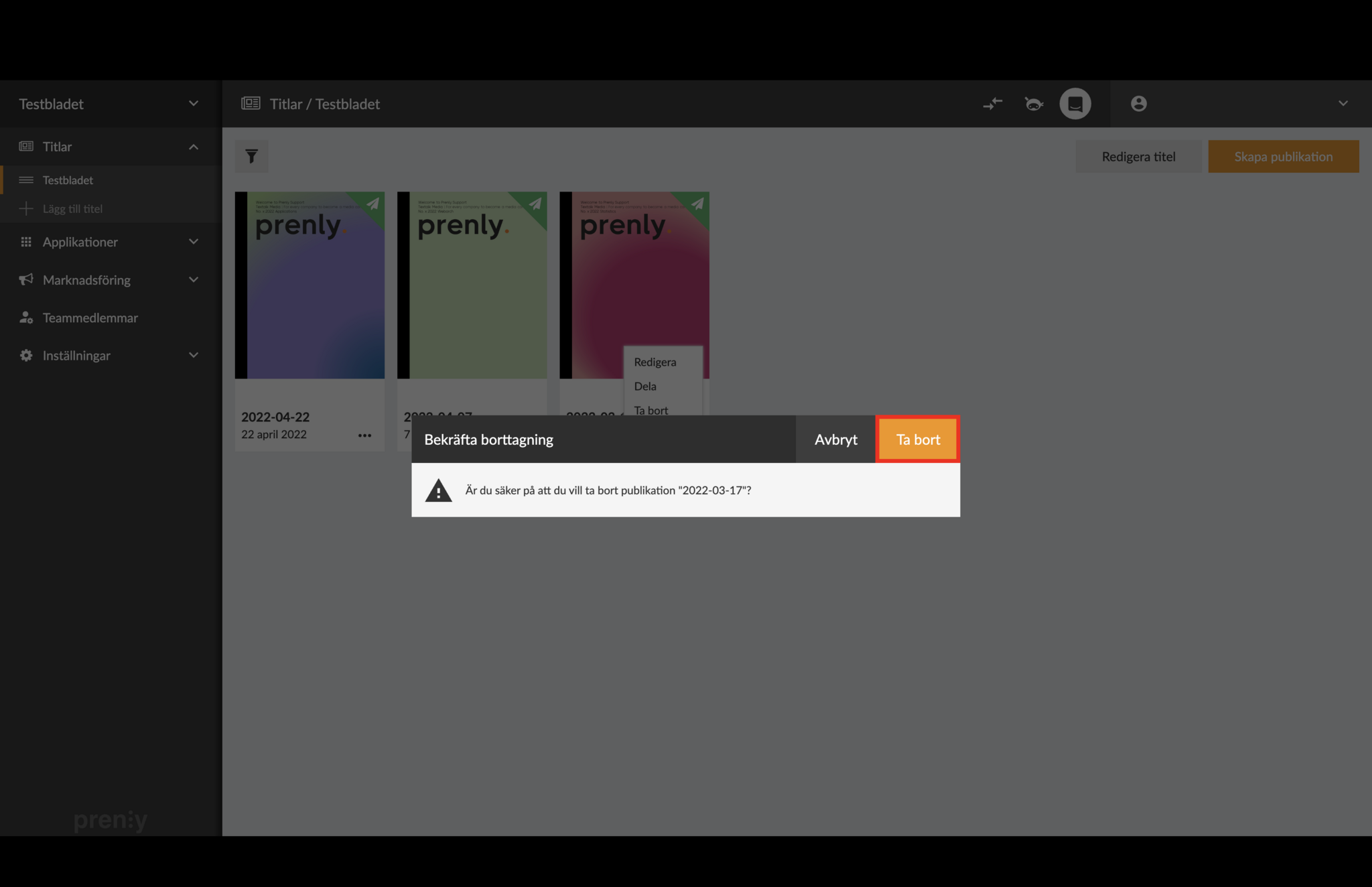 Bekräfta borttagningen genom att klicka på "Ta bort".