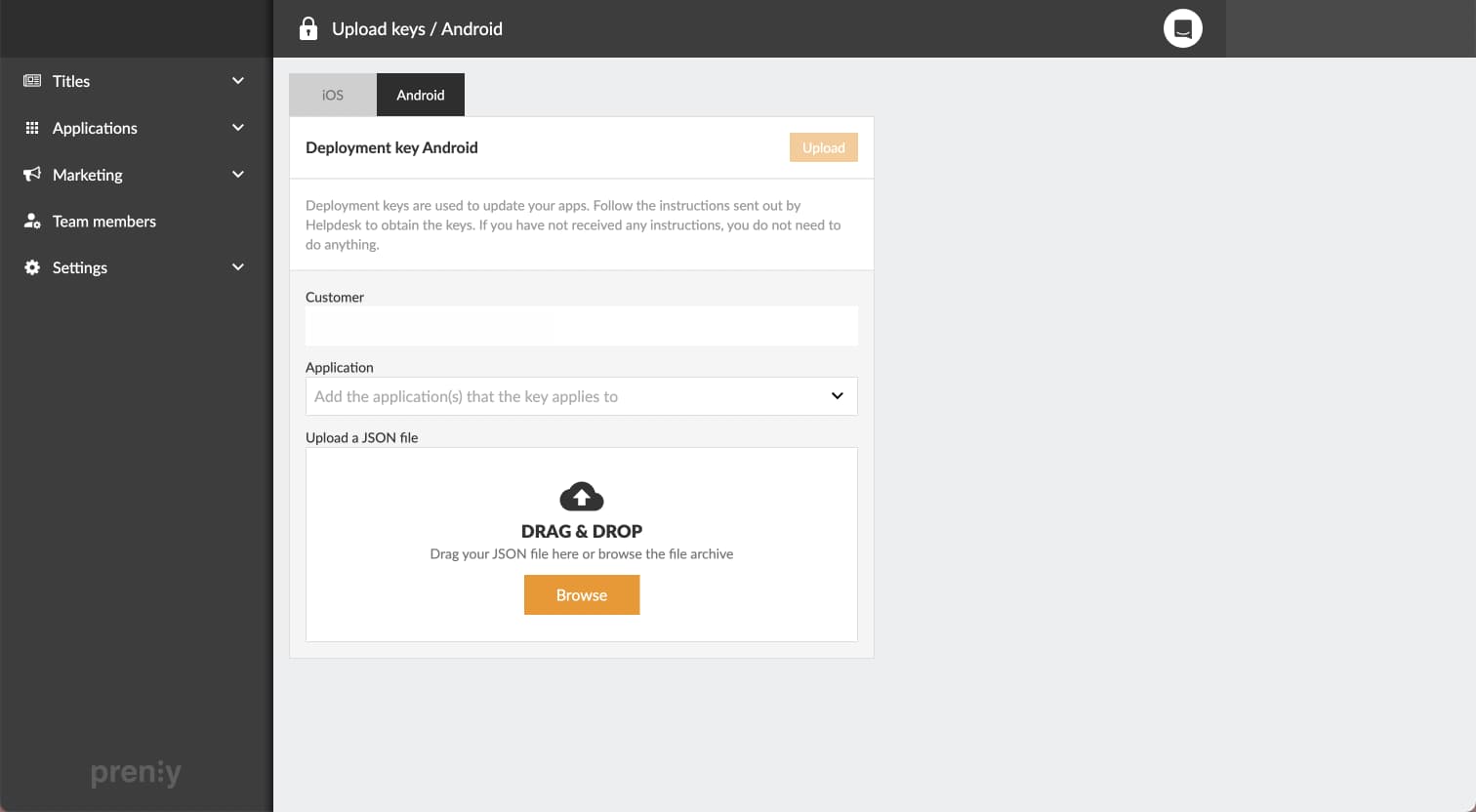  Upload Android deployment key in Prenly Workspace.