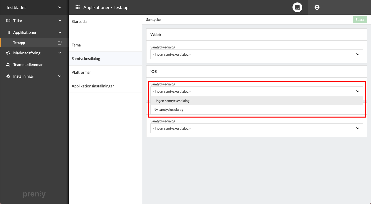 Gå till <strong>din applikation </strong>-> <strong>Samtyckesdialog </strong>för att koppla ihop appen med den nya modulen. 