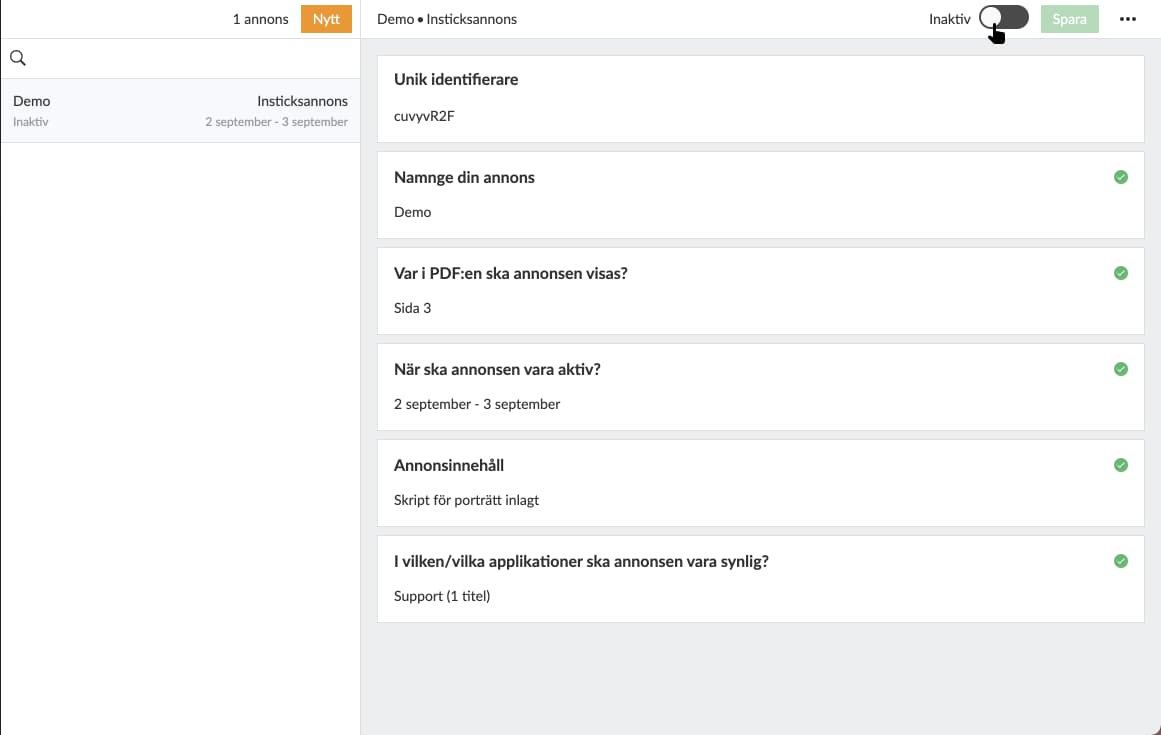 Aktivera annonsen genom reglaget.
