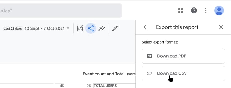 Select "Download CSV" to download the report data. Select "Download PDF" to download a PDF-version of the report.