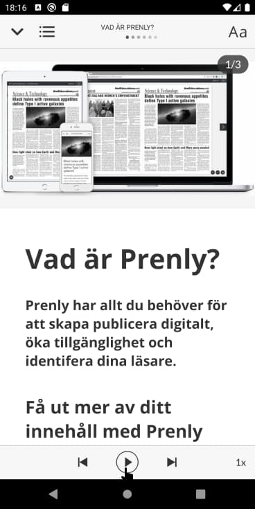 Artikelläsläge med aktiverad textuppläsning. Välj "Spela upp"-ikonen för att påbörja textuppläsningen.