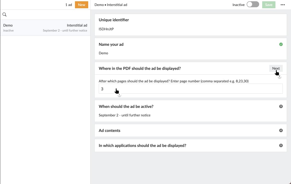 Set after which page the ad should be displayed.