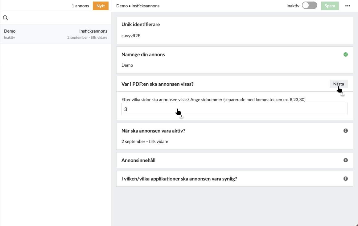 Ange efter vilken sida annonsen skall visas.