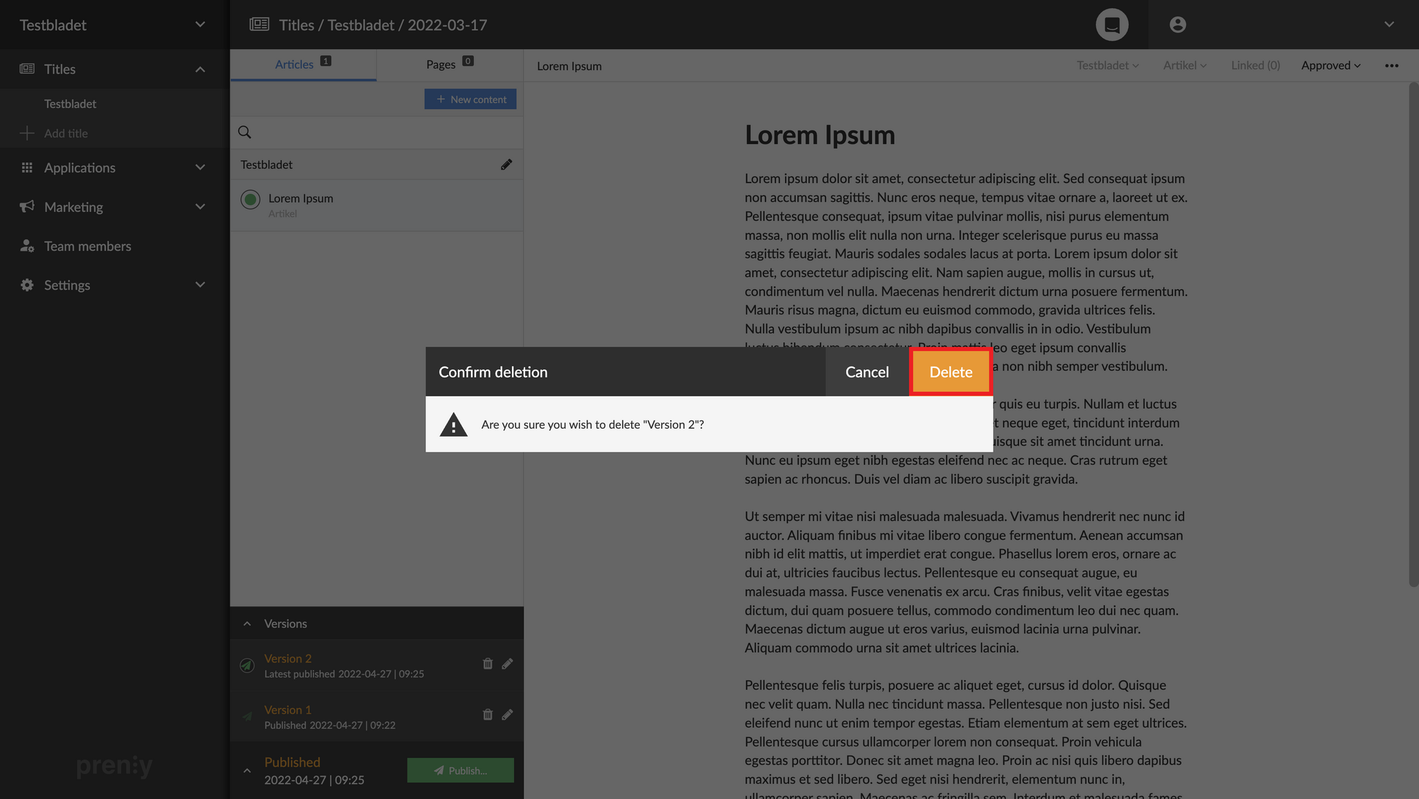 Confirm the deletion by clicking "Delete".