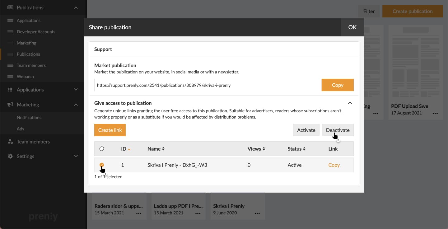 Select the link to deactivate and then 
