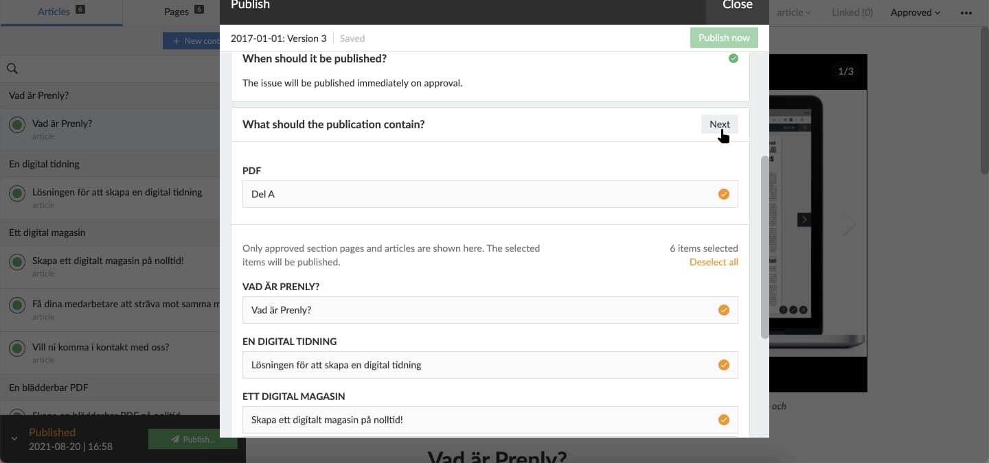 Select "Next" to approve the current settings for the section.