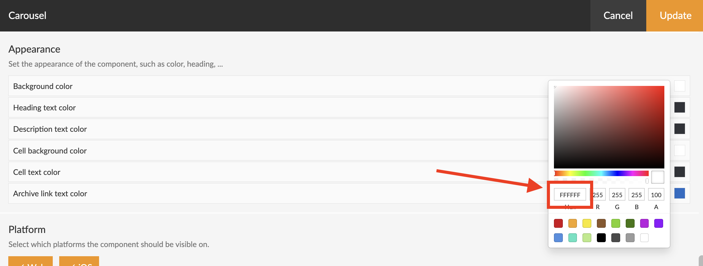 Screenshot from Prenly Workspace showing an example of where the HEX code is displayed.