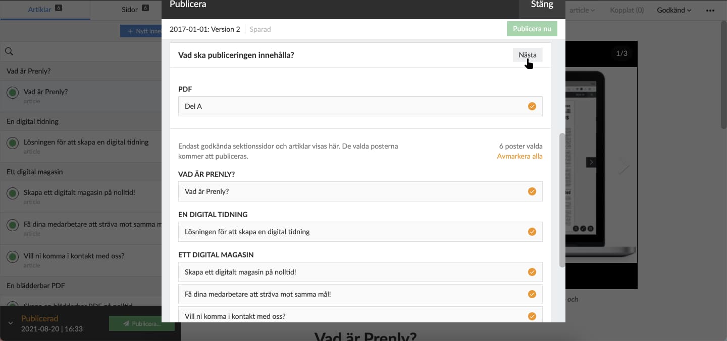 Välj "Nästa" för att godkänna aktuella sektionsinställningar.