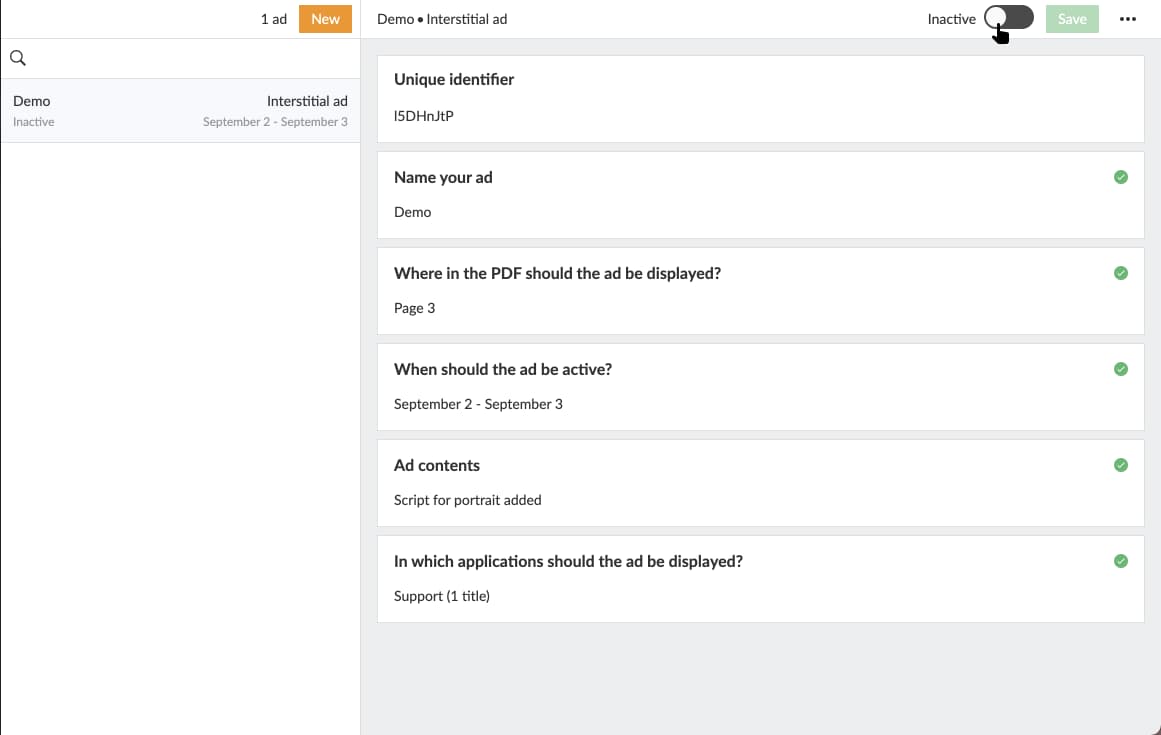Toggle the switch to activate the ad.