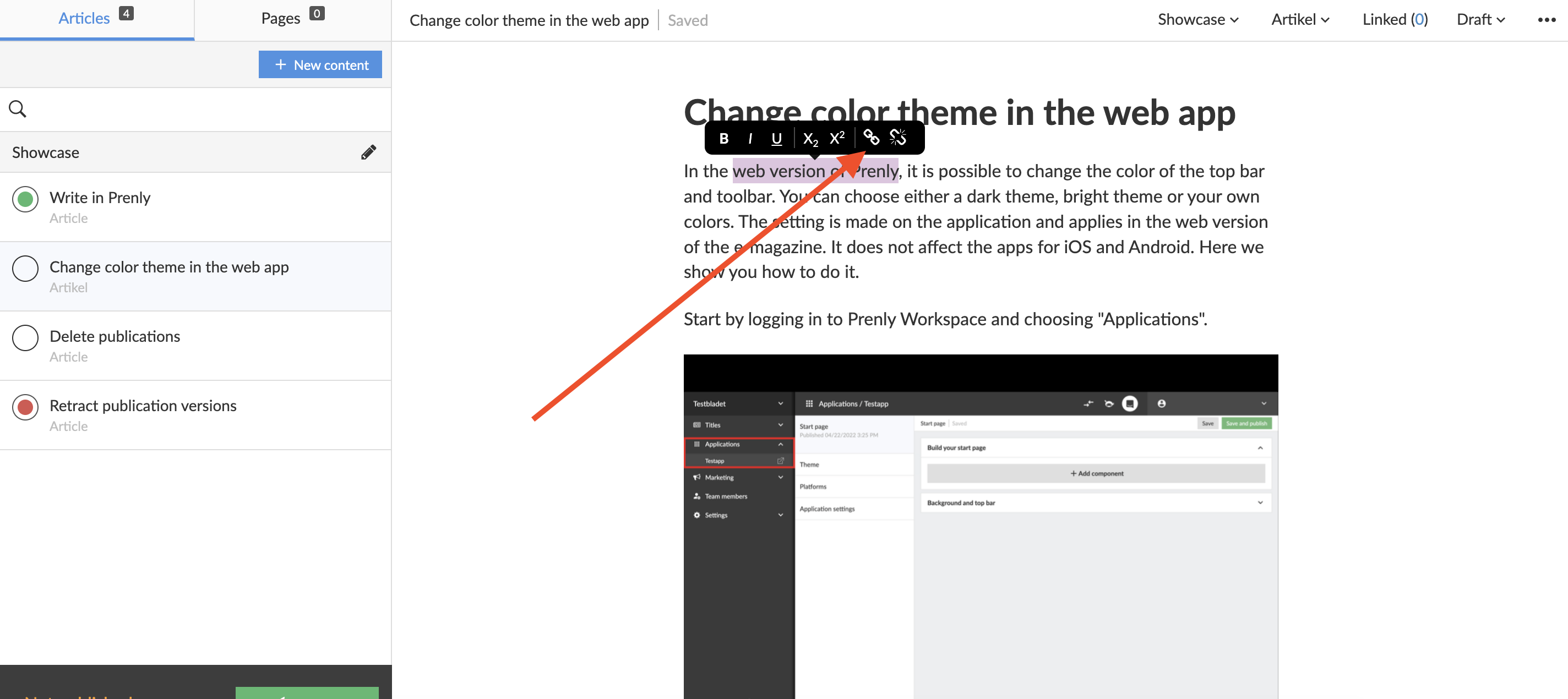<br>Click the link icon to add a hyperlink. The broken link on the right removes an existing link