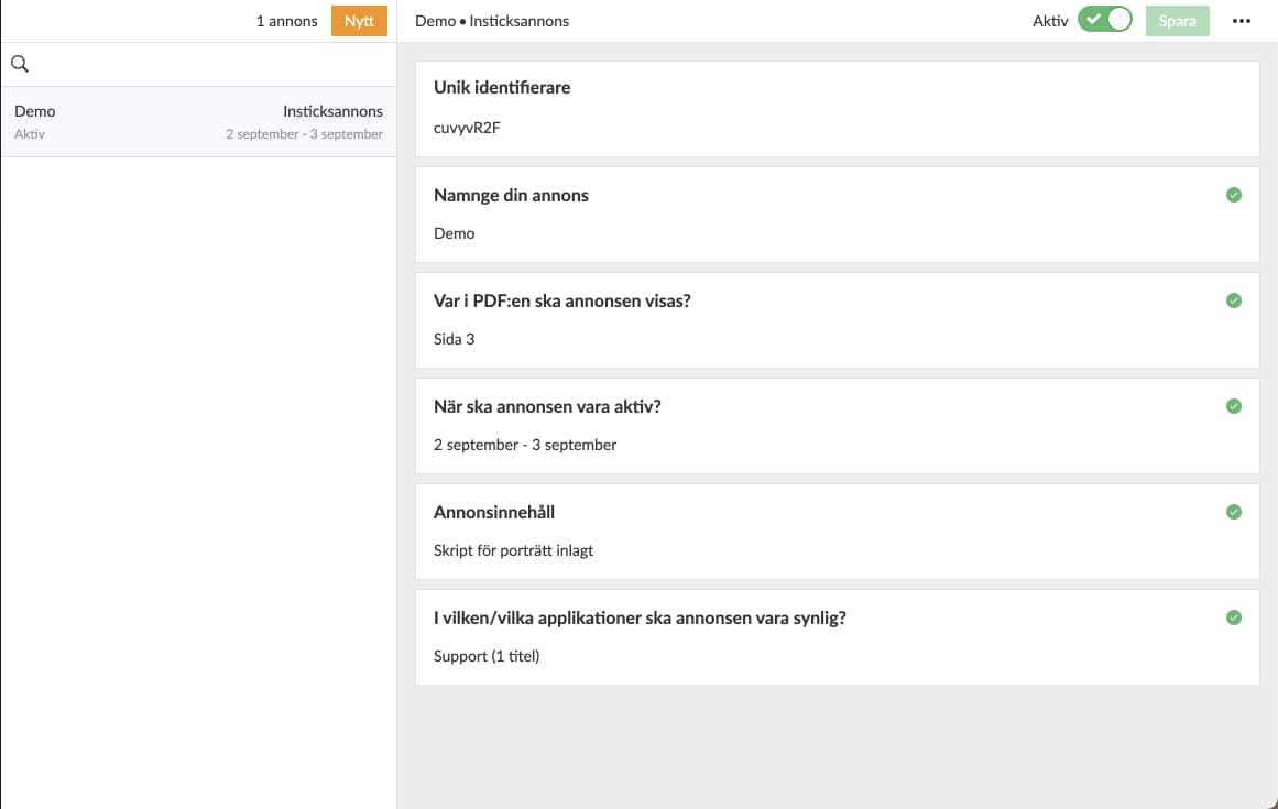 Exempel på aktiv annons.