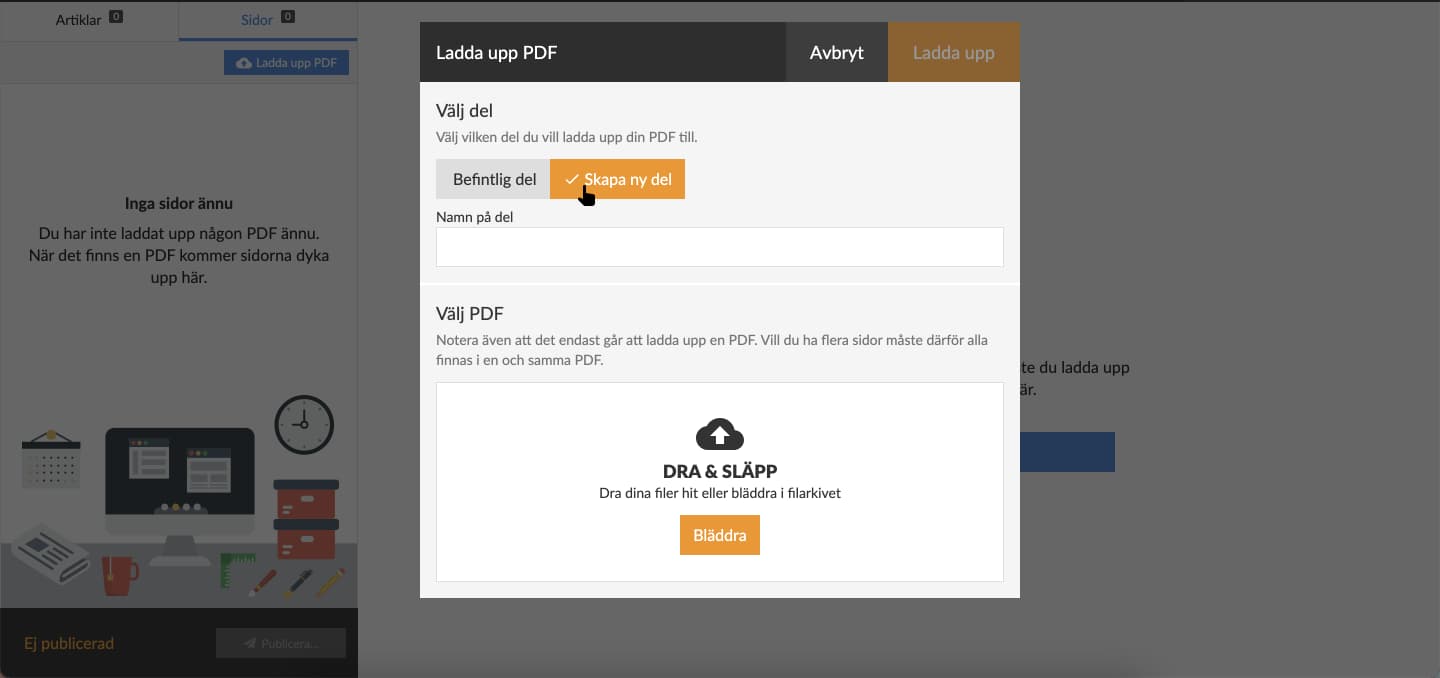 Välj "Skapa ny del" för att ladda upp PDF till en ny tidningsdel.