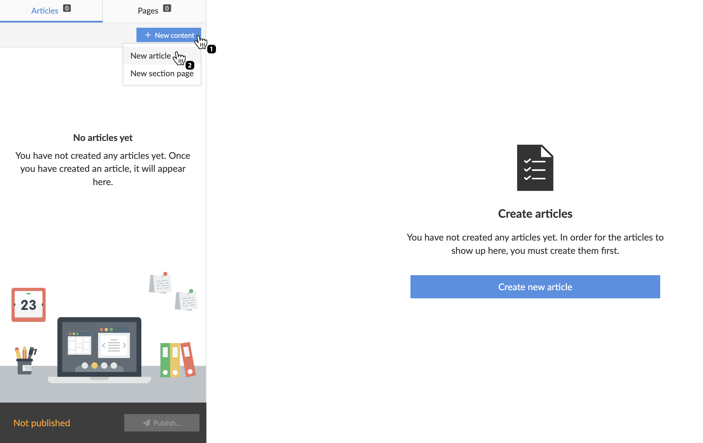 Select "+ New content" and then "New article" to create a new article.