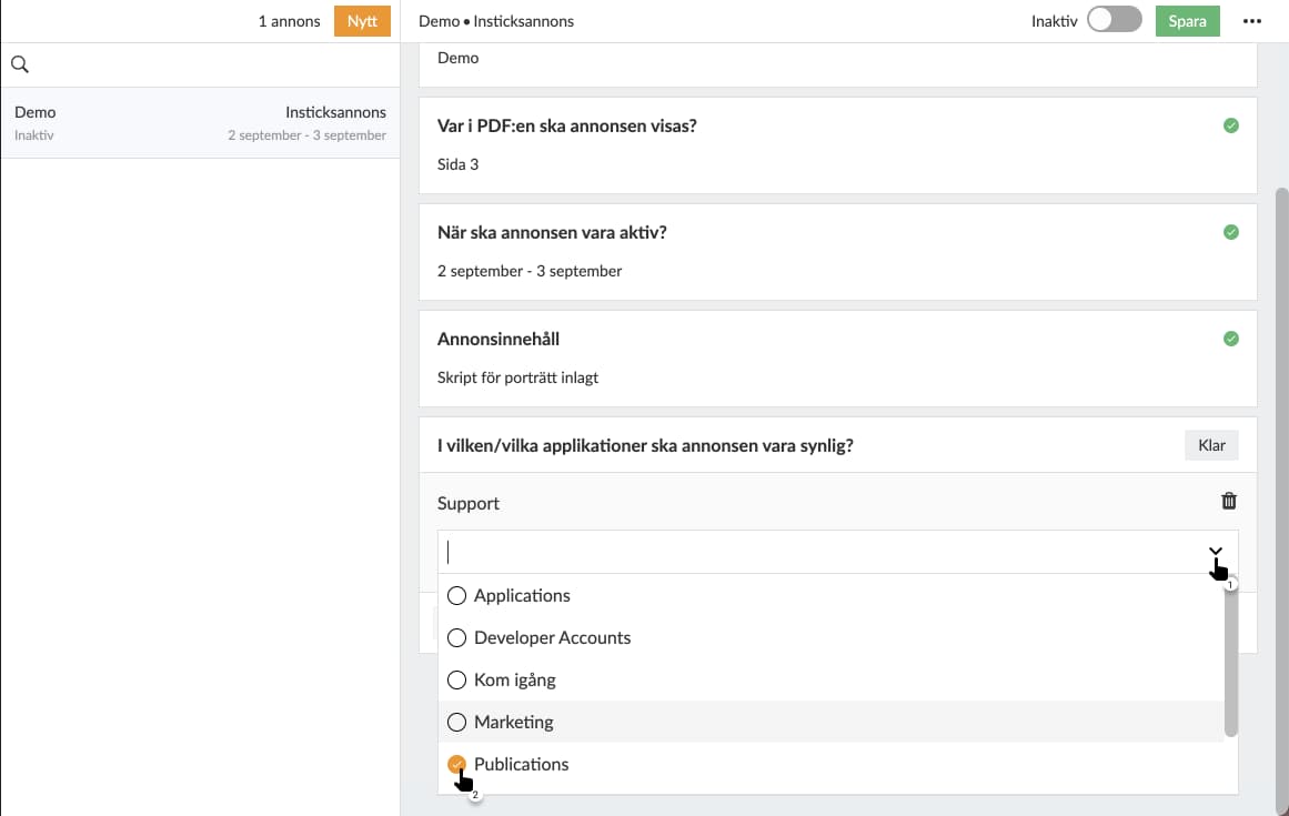 Välj titel som skall visa annonsen.