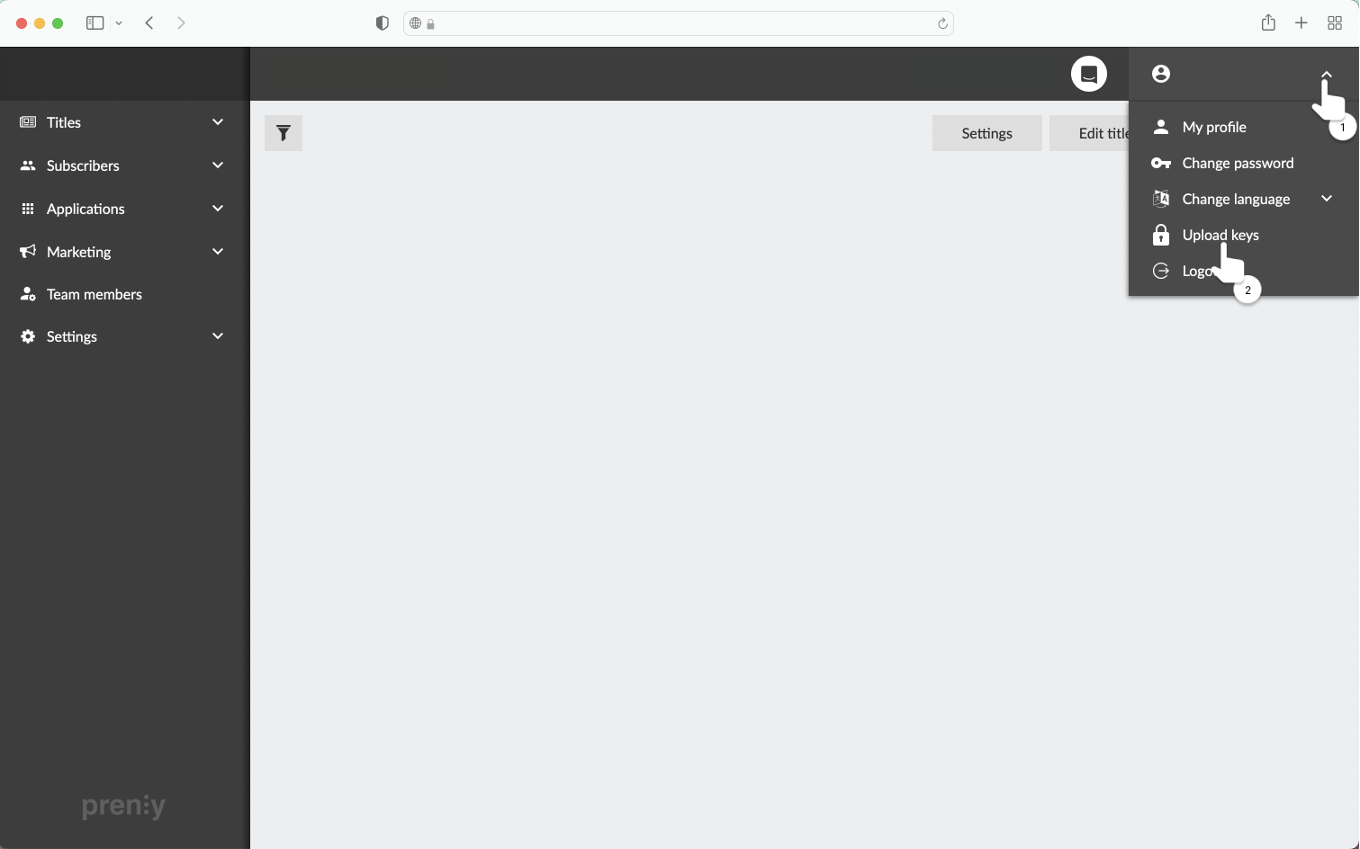 Sign in to Prenly Workspace and select Upload keys.